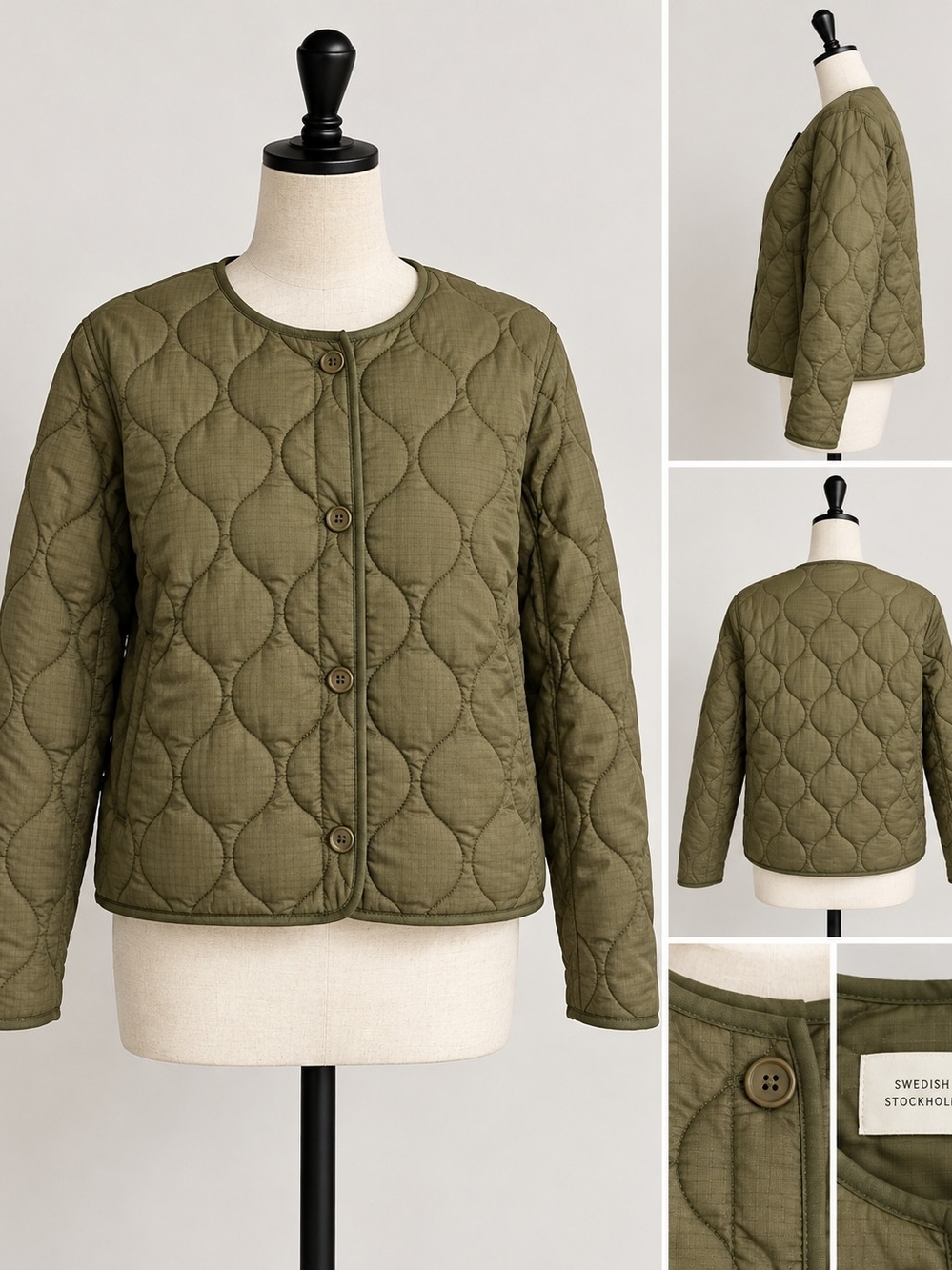 Lighly Padded Olive Green Quilted Button-Front Short Jacket